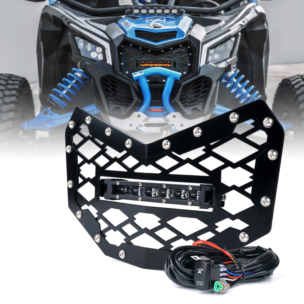 UTV Front Bumper Mesh Grill LED Light Bar for 2017-2025 Can Am Maverick X3 & Max