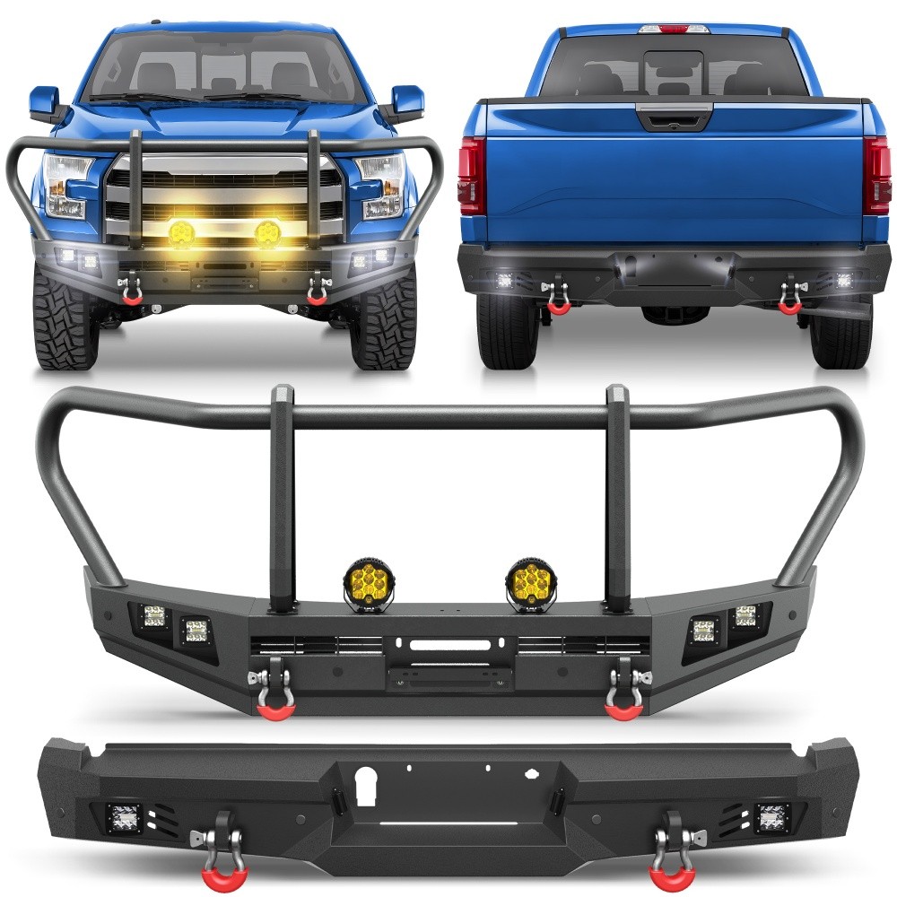For 15-17 Ford F150 Front or Rear Bumper W/ Winch Grille Brush LED Round Lights