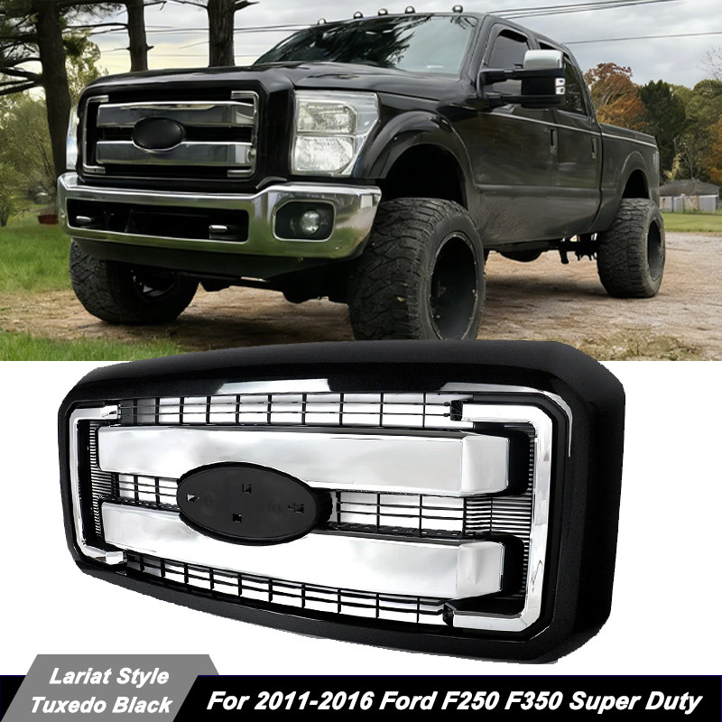 For 2011-2016 Ford F250 F350 Tuxedo Black Frame Shell Chrome Grille BC3Z-8200-A