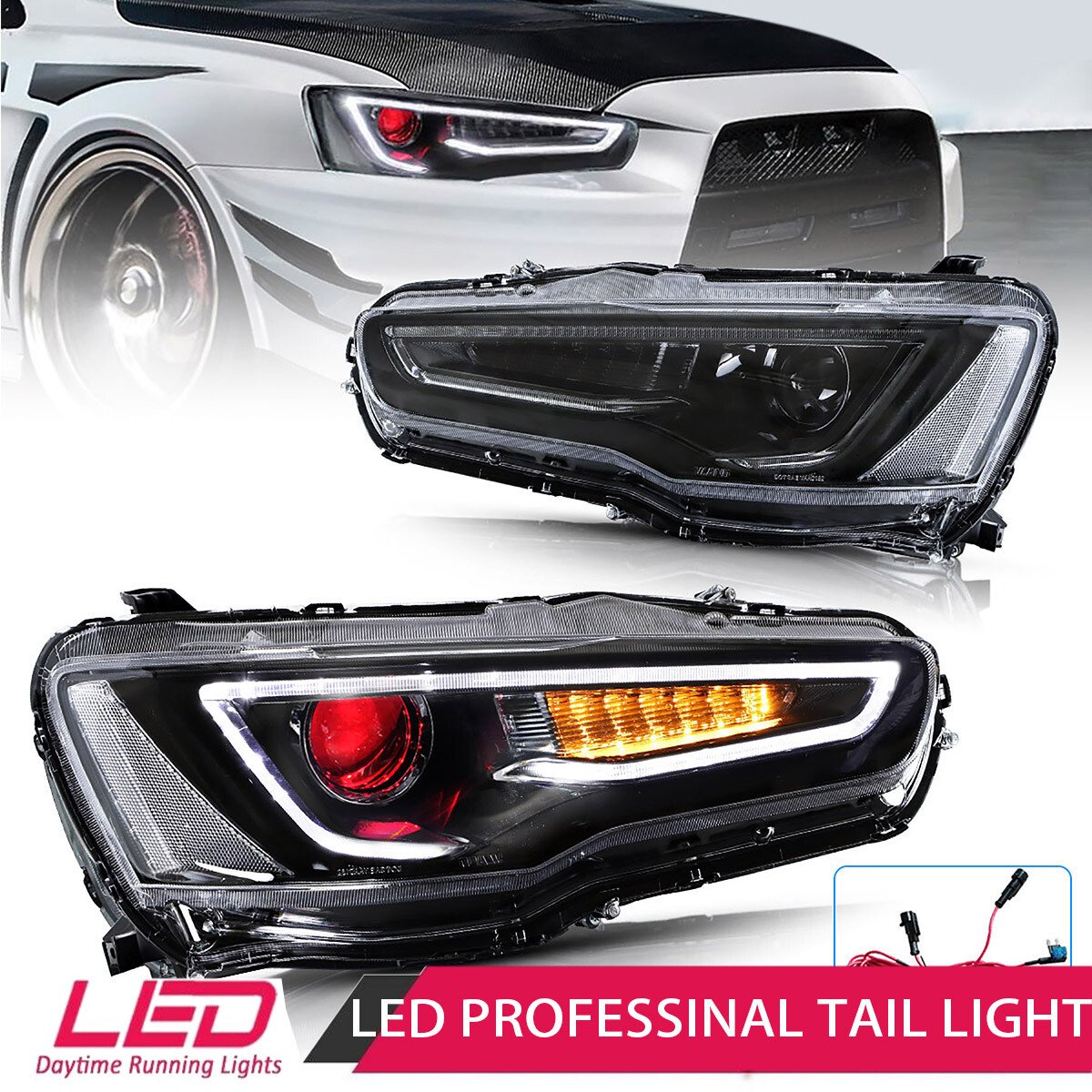 VLAND Demon Eye Projector Headlights Fit Mitsubishi Lancer EVO X Sedan 2008-2018