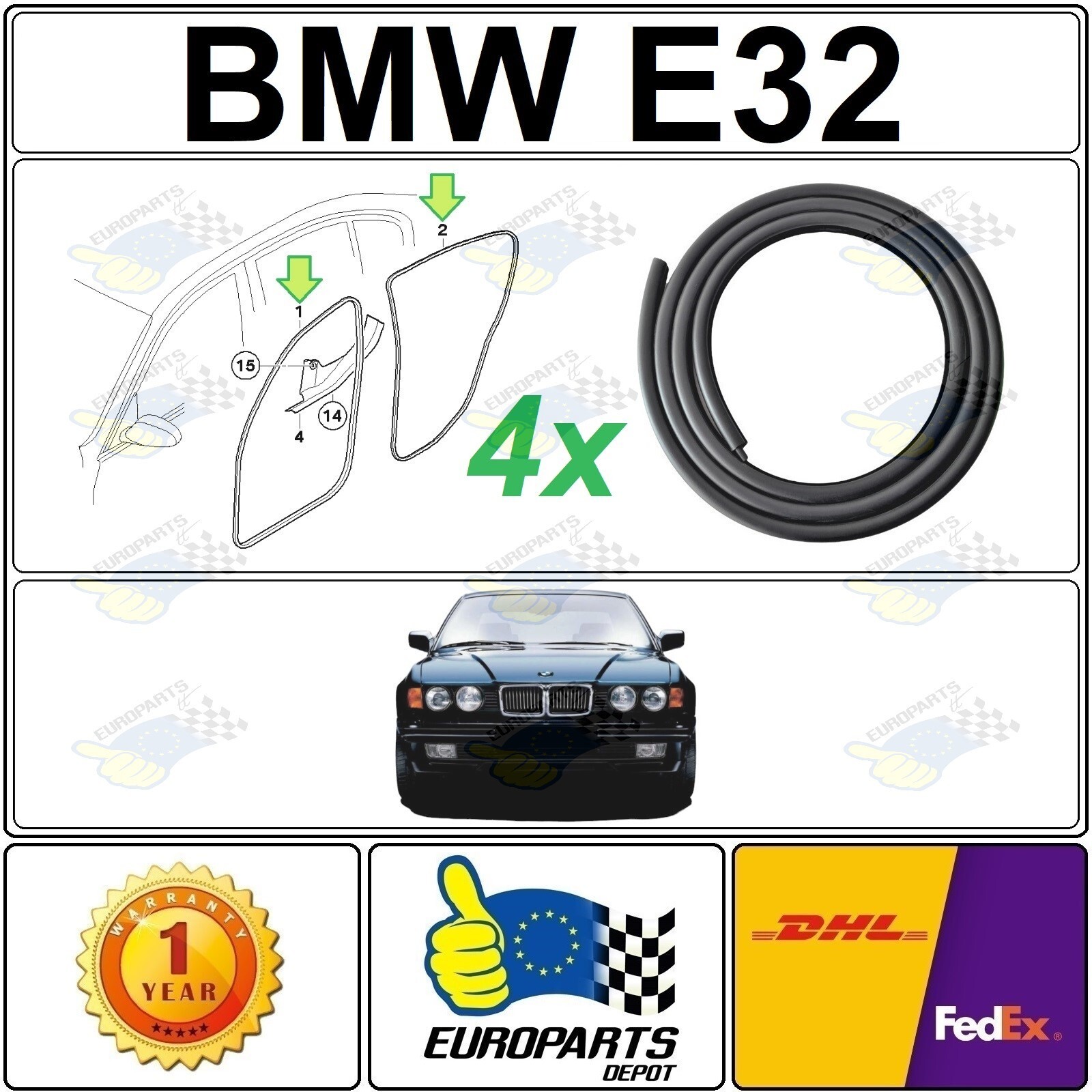 1986-1994 BMW E32 Door Seal 4-Piece Weatherstrip Set (Long WB)