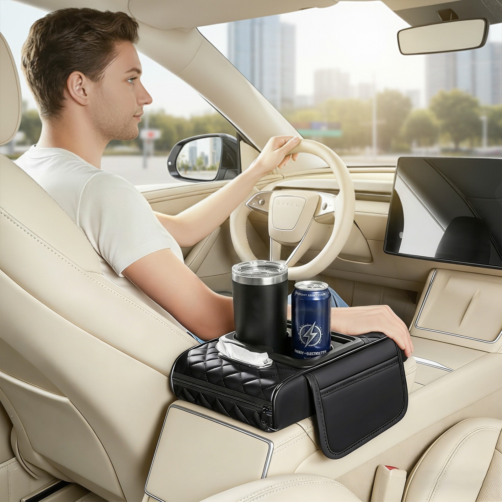 Car Center Console Armrest Box Booster Pad with Storage Pocket, Cup Holder