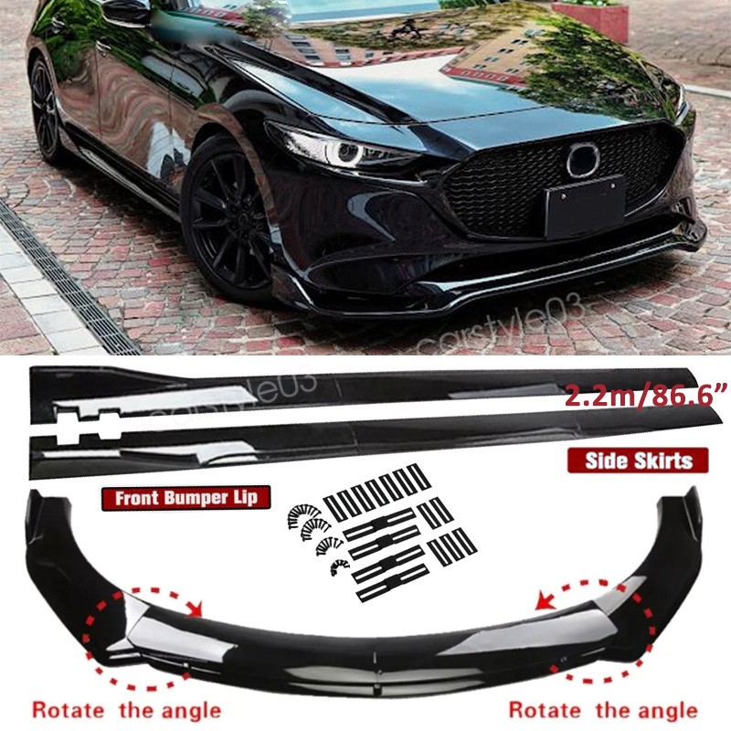 For Mazda 3 Sedan Glossy Front Bumper Lip Splitter Body Kit +Side Skirts