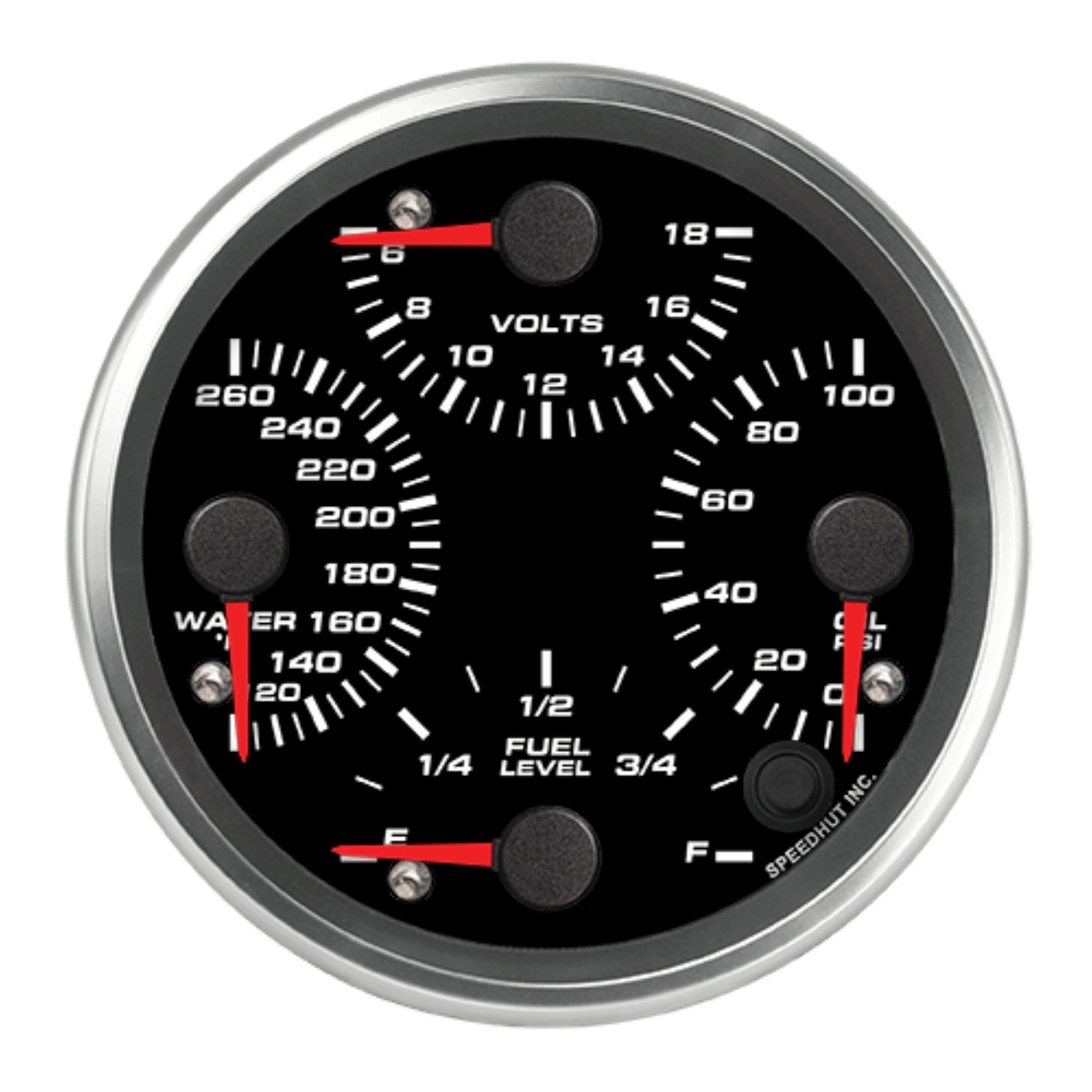 Speedhut 4-1/2in Quad Gauge Temp Volts Oil Fuel Blk Face R45-QG2-REV