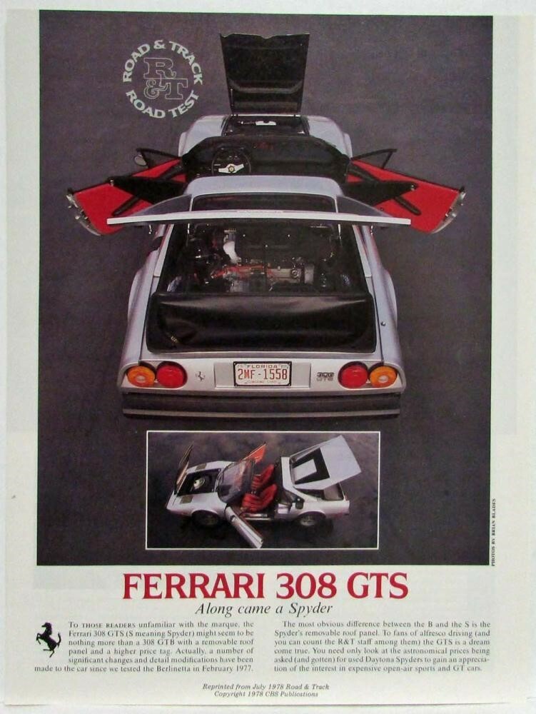 1978 Ferrari 308 GTS Along Came a Spyder Road & Track Road Test Article Reprint