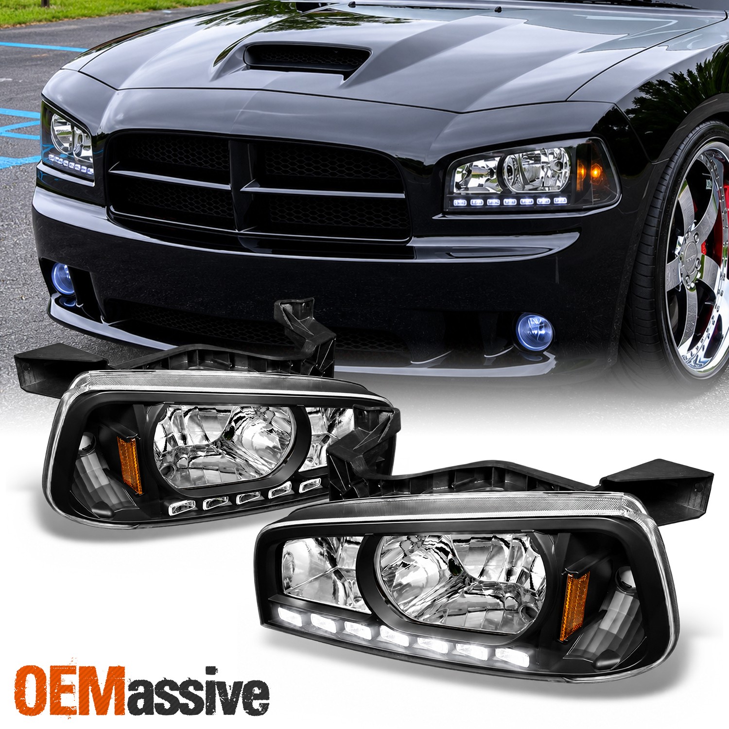 Fit 2006-2010 Dodge Charger Black LED Headlights w/Corner Lamps 06 07 08 09 10