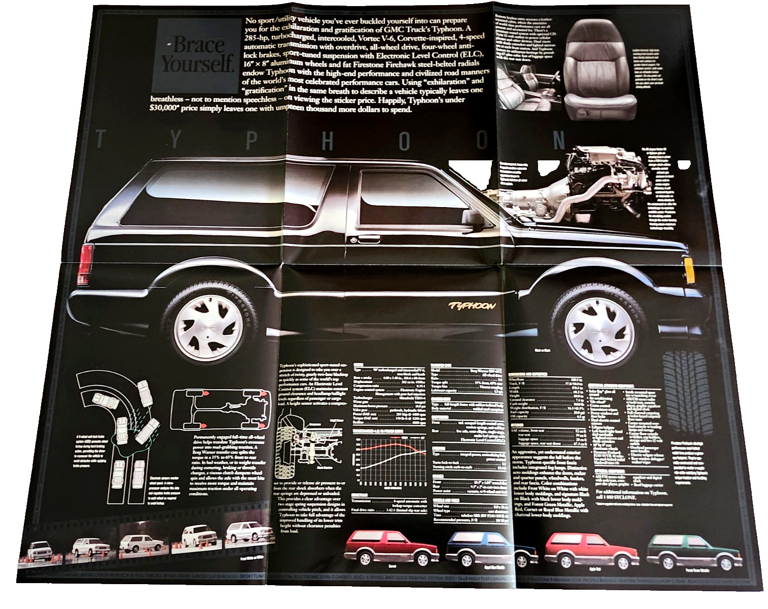 New Original 1992 - 93 GMC Typhoon SUV Dealership Fold Out Poster Sales Brochure New Original 1992 - 93 GMC Typhoon SUV Dealership Fold Out Poster Sales Brochure