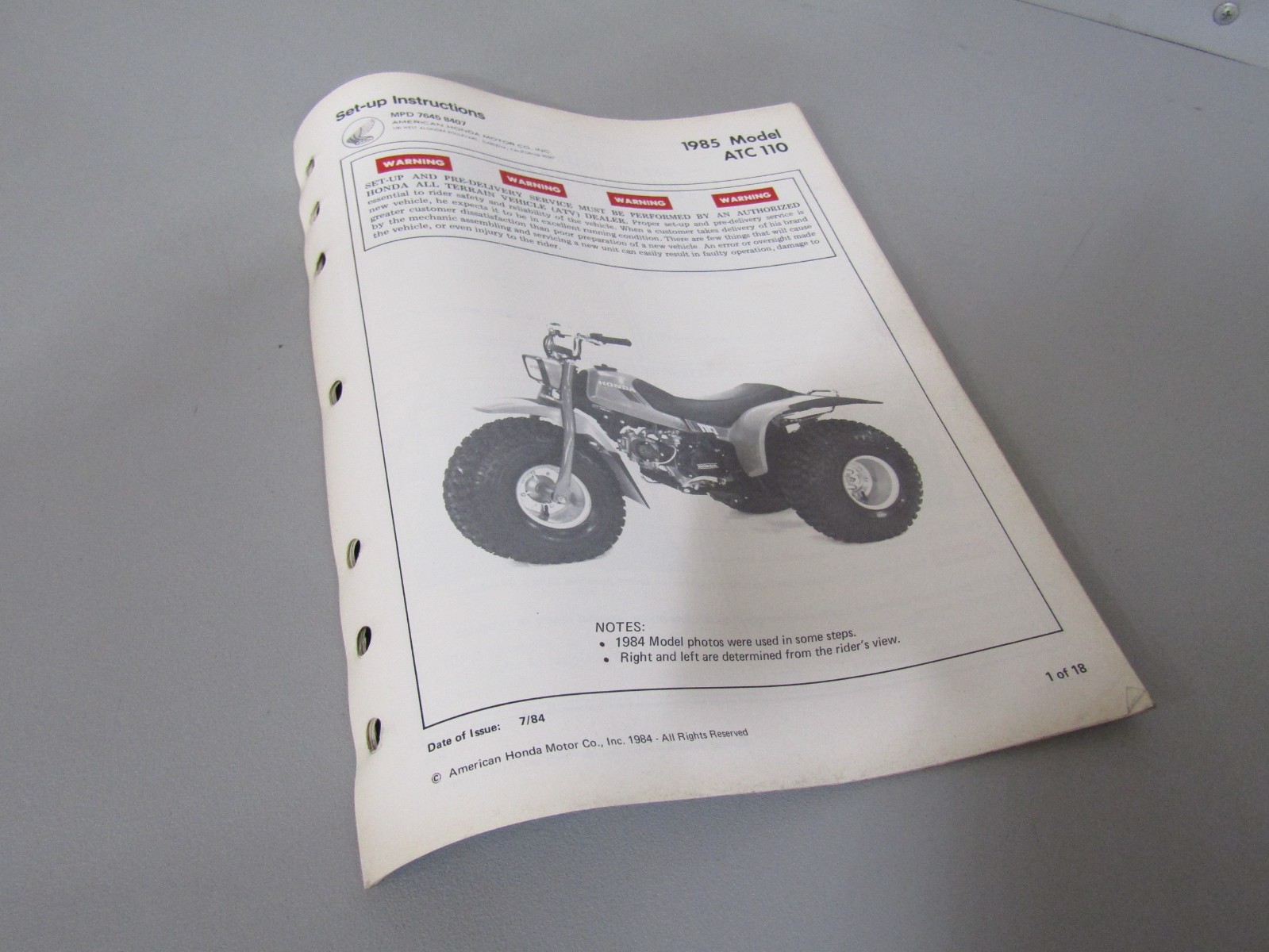 1985 HONDA ATC110 GENUINE DEALER SET UP INSTRUCTIONS 18 PAGES