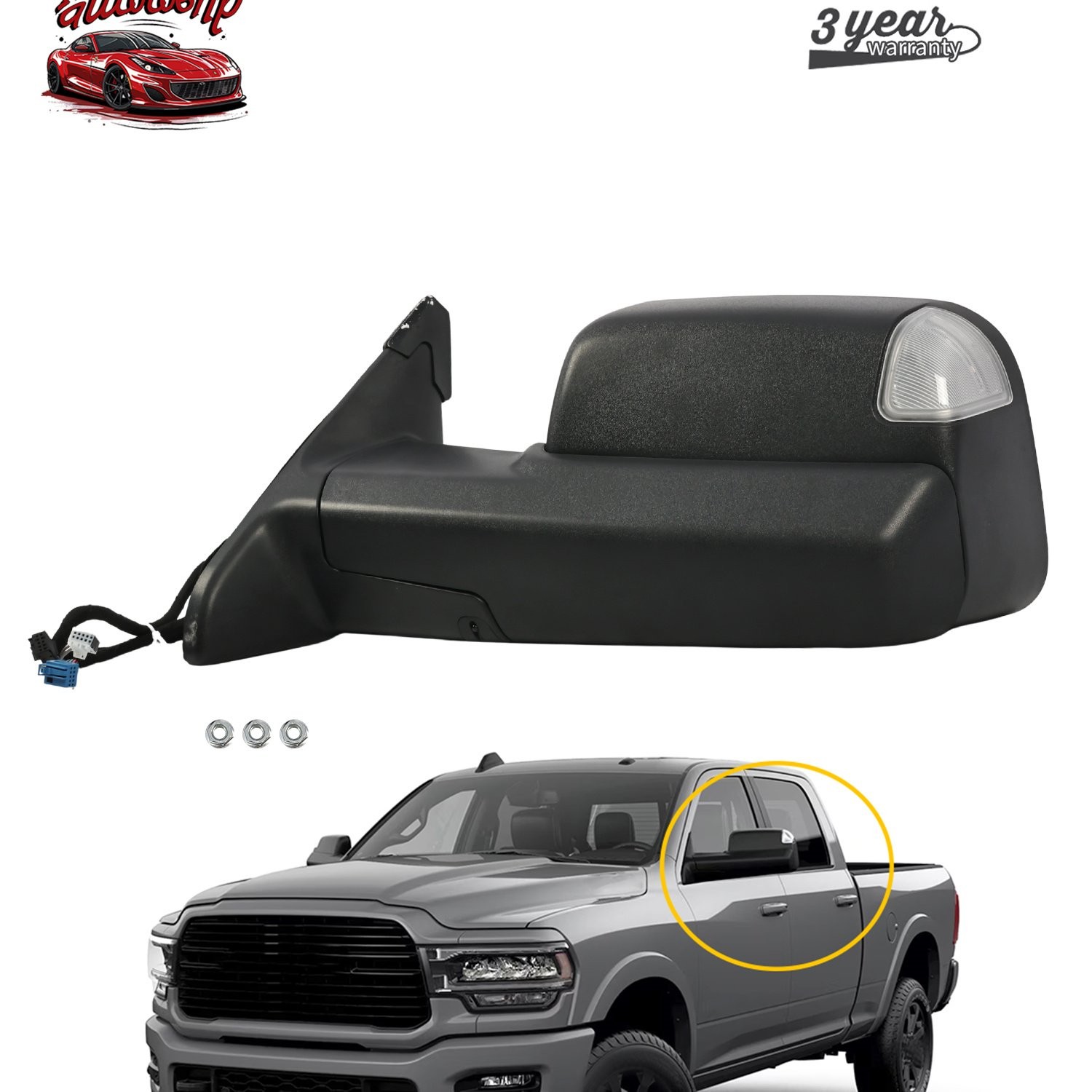 Left Driver Side For Ram 2500 3500 2019-2022 Rotatable Heat Towing Mirror+Puddle