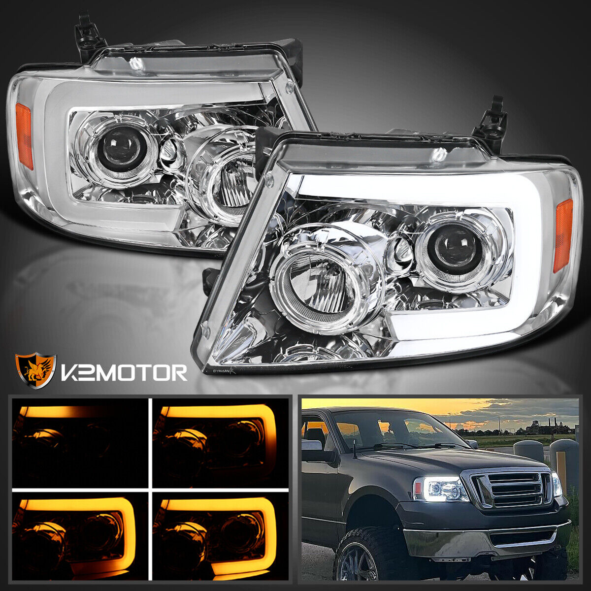 Fits 2004-2008 Ford F150 LED Sequential Signal Bar Projector Headlights Lamps