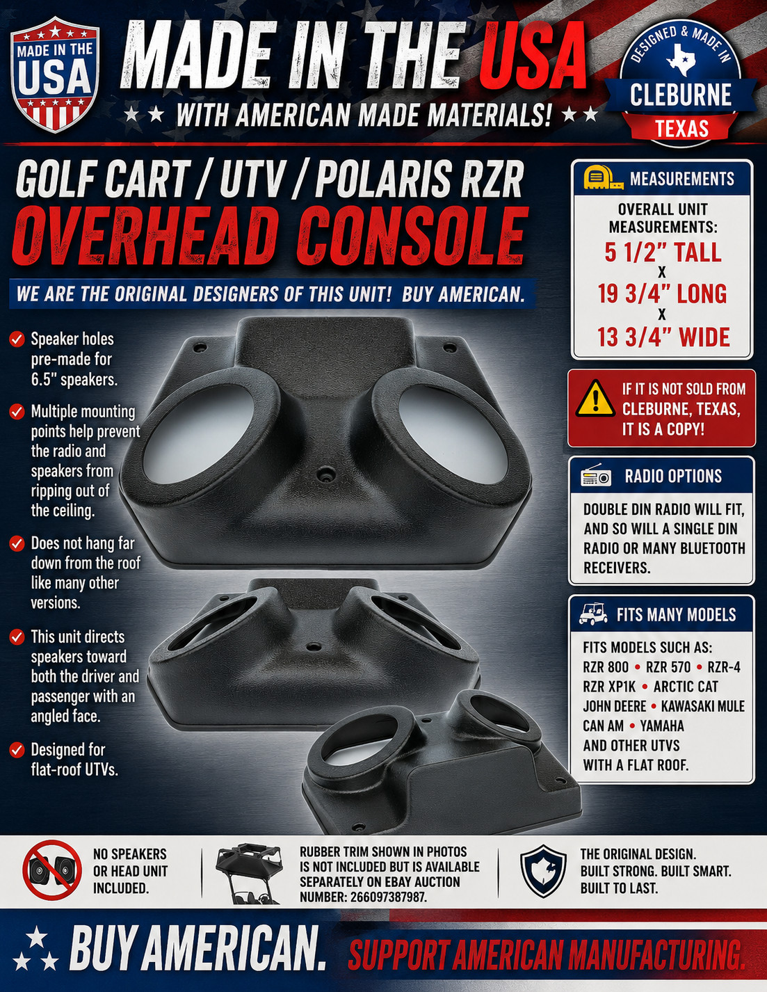 Polaris RZR 800 S RZR4 570 XP900 RZR XP1K UTV Overhead Stereo Console USA made
