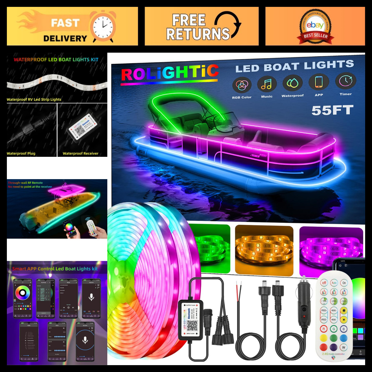 55FT RGB LED Boat Lights, 12V Remote Control Waterproof Marine Strip Lights, Int