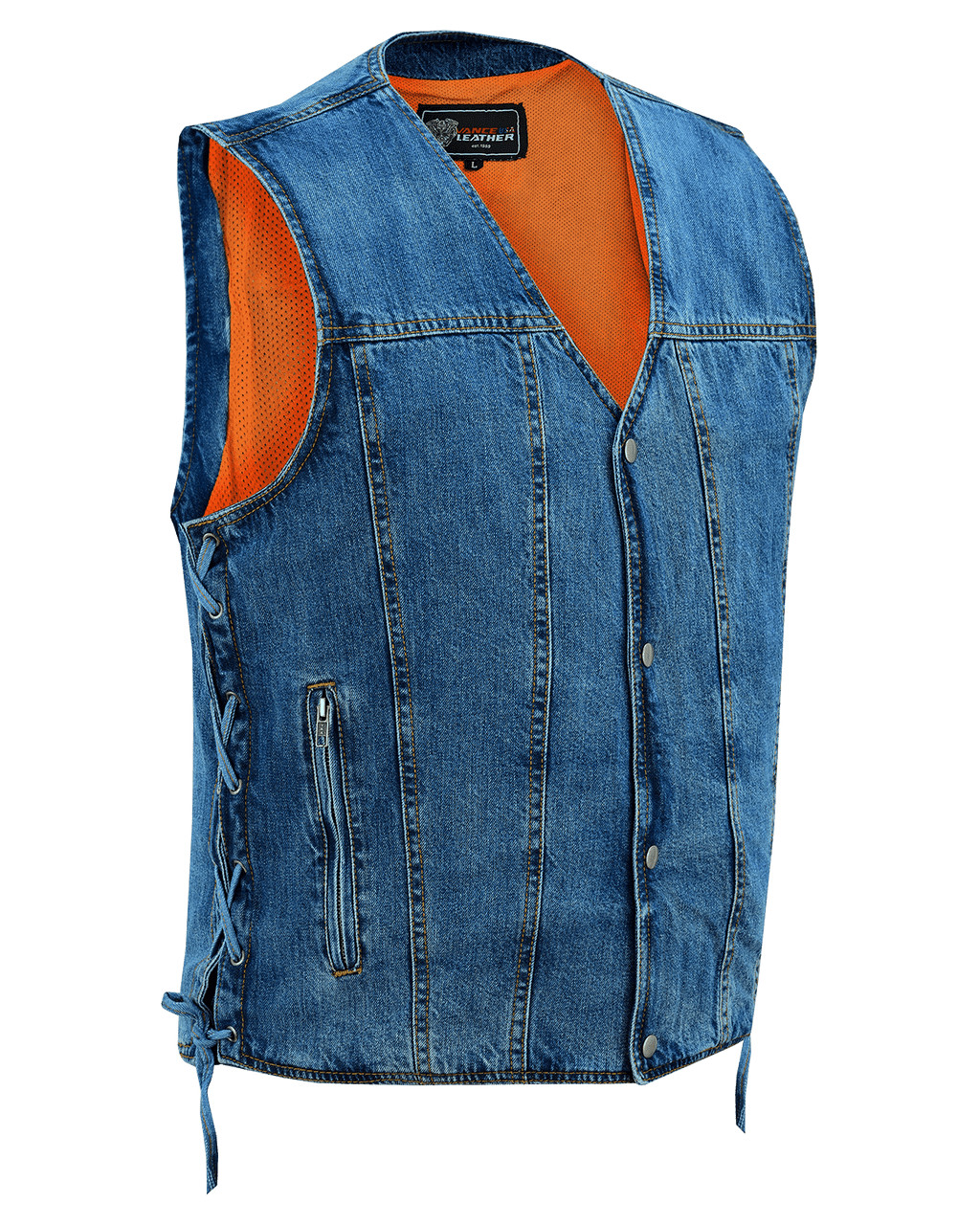 Vance Mens Blue V-Neck Denim Vest for Motorcycle Riders Vance Mens Blue V-Neck Denim Vest for Motorcycle Riders