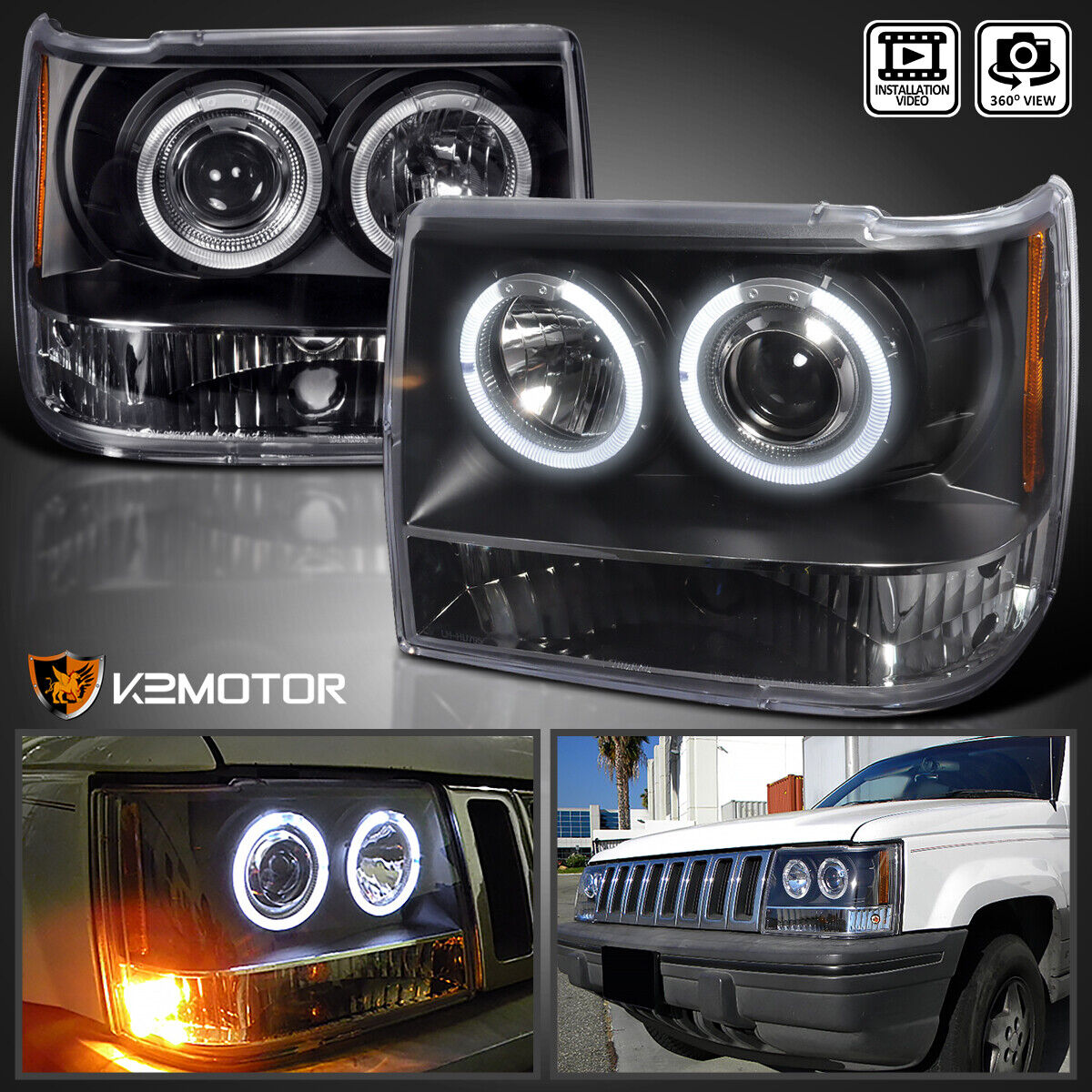 Black Fits 1993-1996 Jeep Grand Cherokee LED Halo Projector Headlights Lamp L+R
