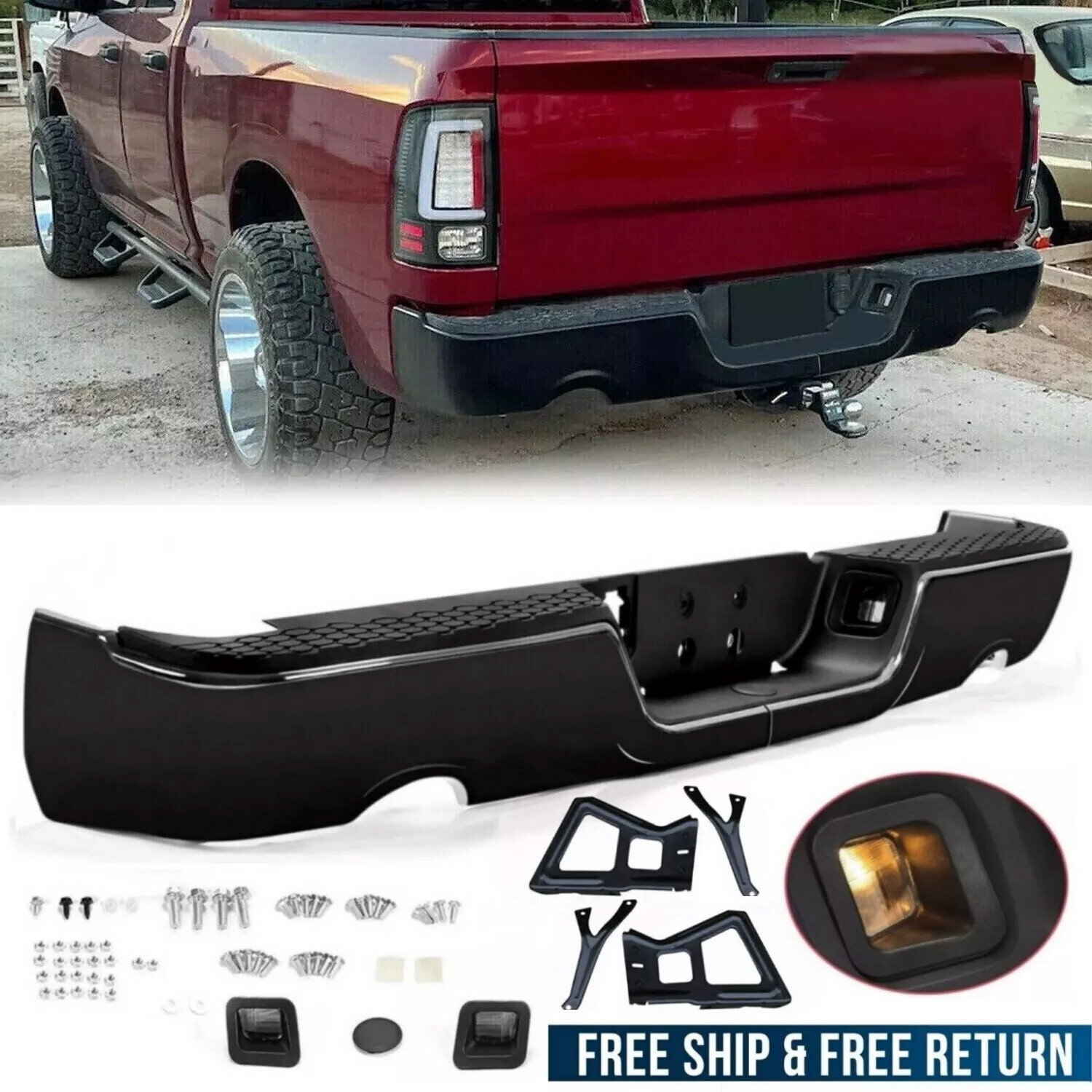 SPLIT For 09-18 Dodge Ram 1500 w/Dual Exhaust w/o Sensor Holes Rear Bumper Black