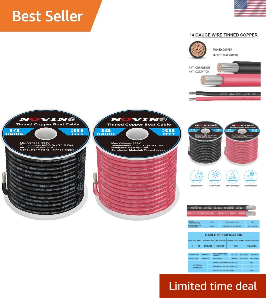 14 Gauge Marine Wire 14 AWG Marine Grade Wire Include 14 Gauge 30FT Red & 30F...