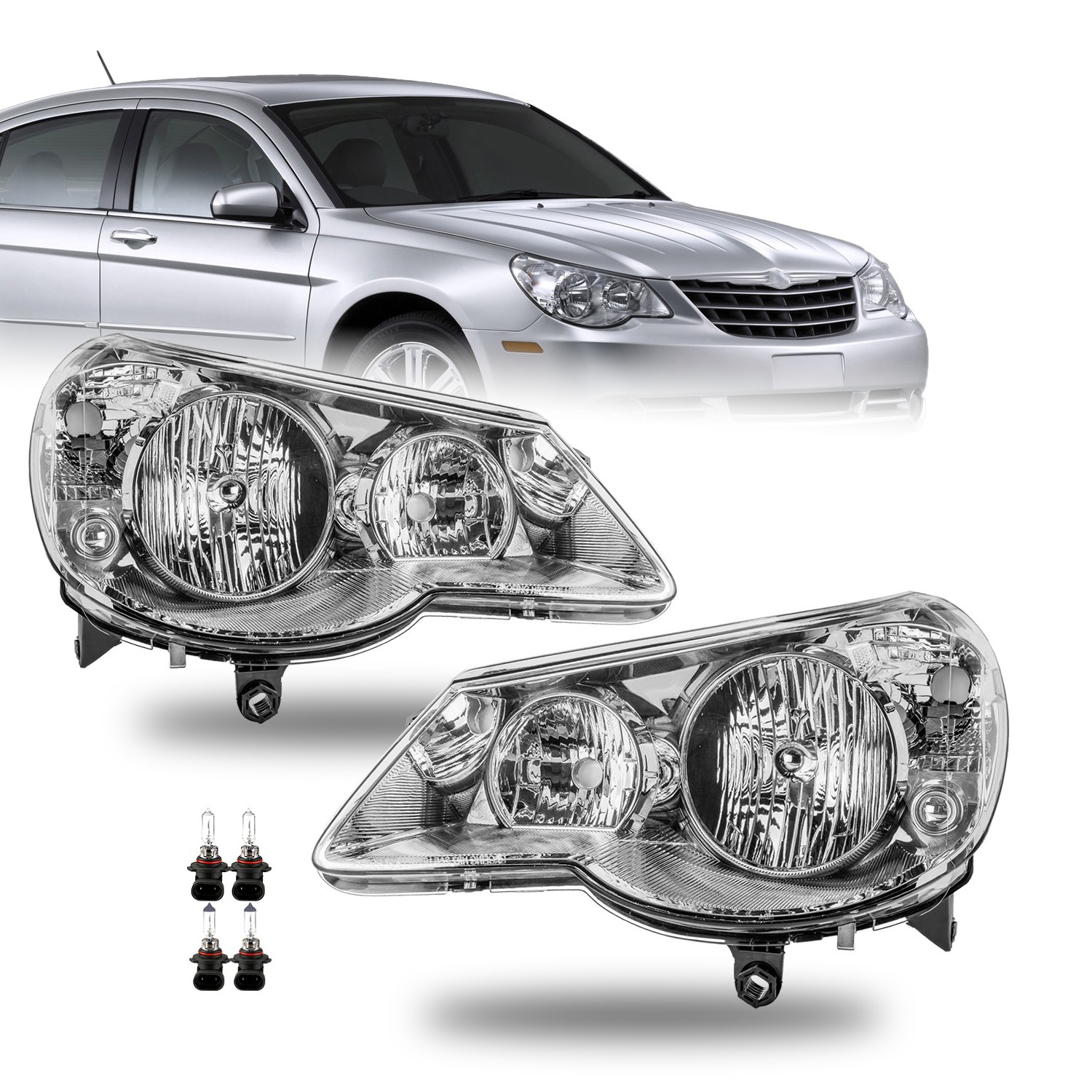 For 2007-2010 Chrysler Sebring Chrome Headlights L+R Headlamps Assembly W/Bulbs