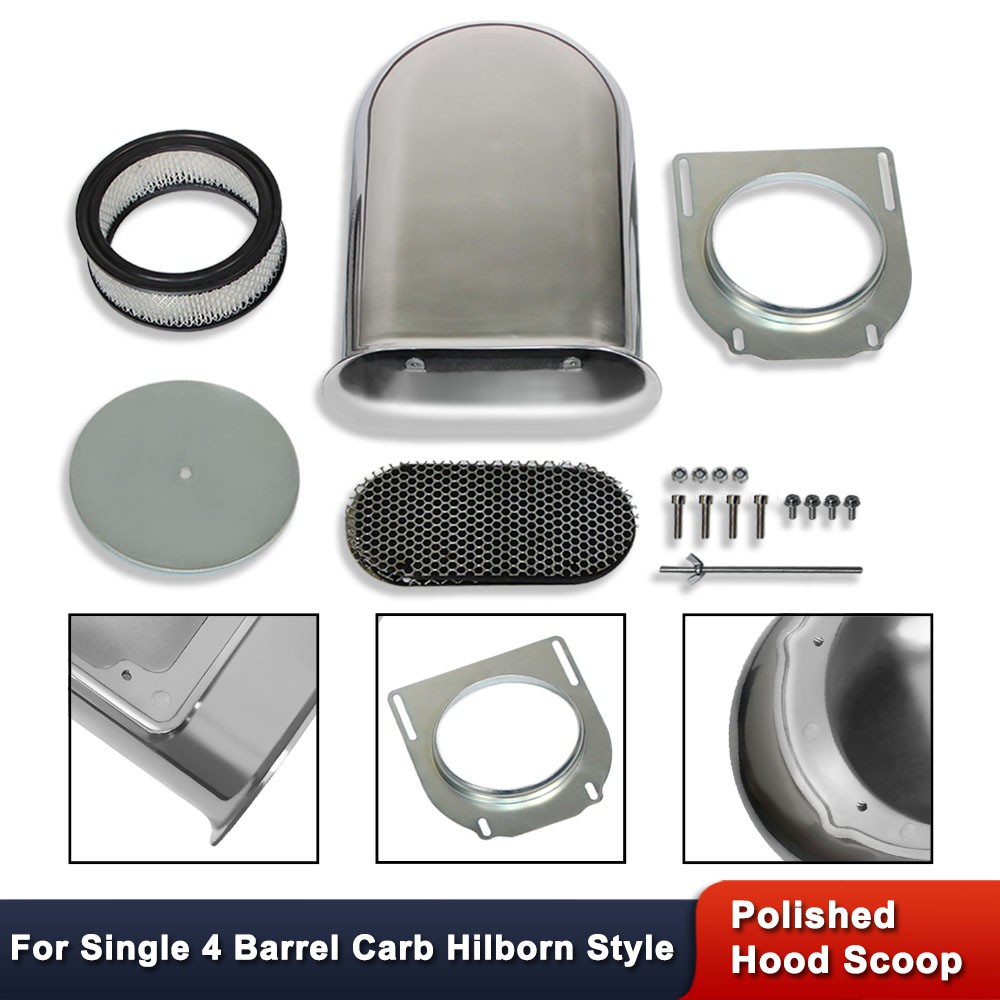 For Single 4 Barrel Carb Hilborn Style Air Hood Scoop Kit Polished Smooth Top