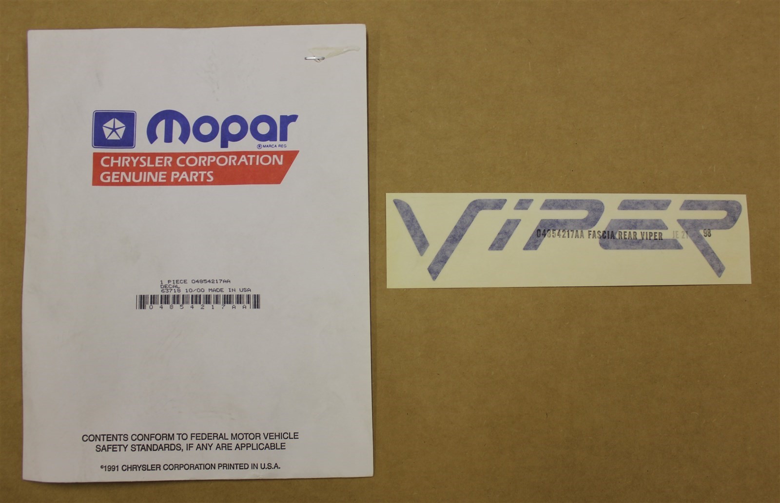 1998 Dodge Viper GT2 Rear Bumper Decal 4854217AA Mopar New Old Stock NOS OEM