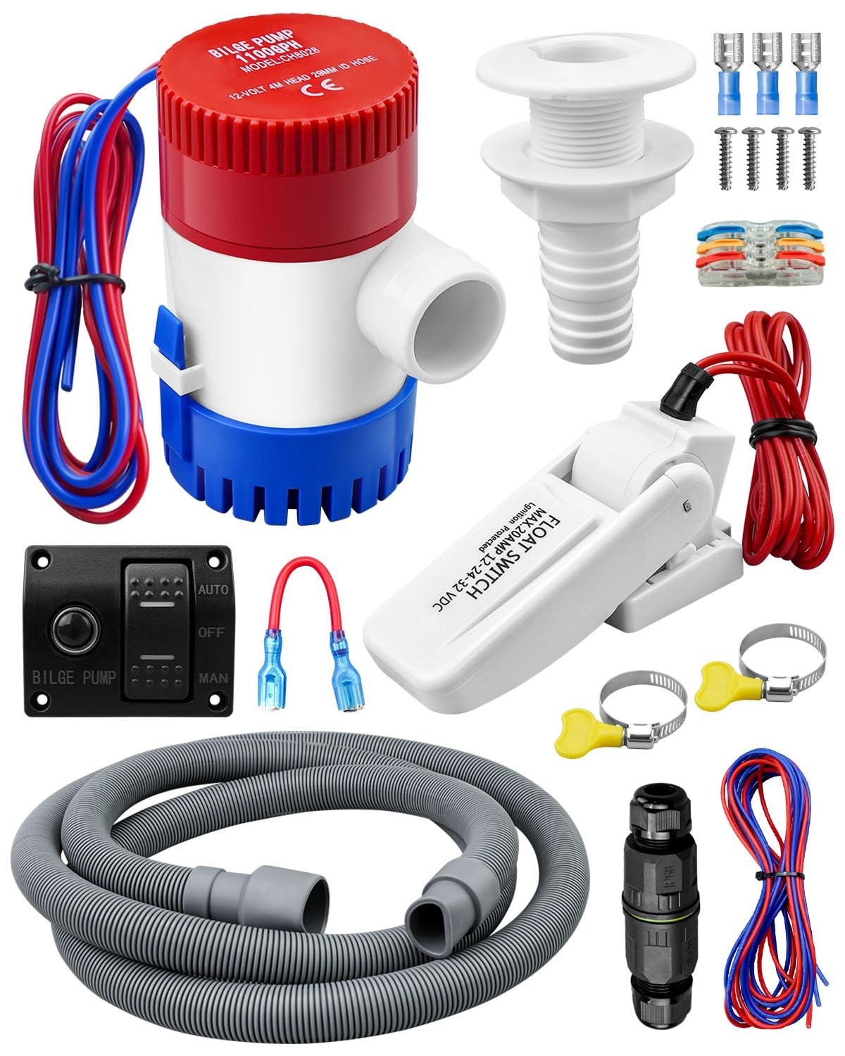 1100 GPH Automatic Bilge Water Pump Kit, 3-Way Switch, 3m Cable, 12V/24V for Boa