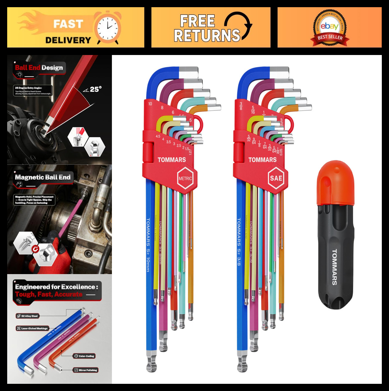 26-PC Allen Wrench Set, Magnetic Ball End, T-Handle & Color Coded