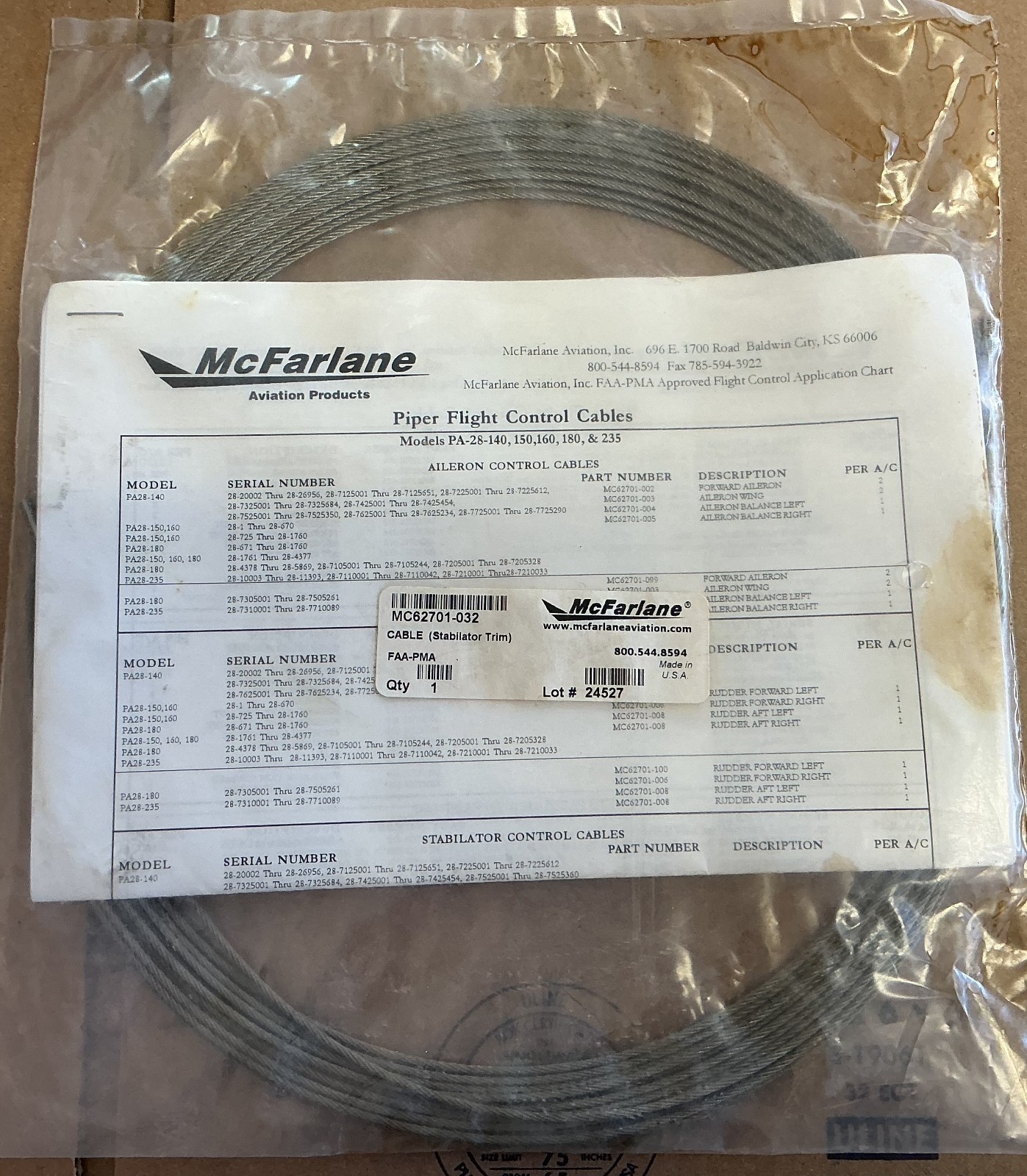 McFarlane MC62701-032 Stabilator Trim Cable Piper PA-28 FAA-PMA NEW
