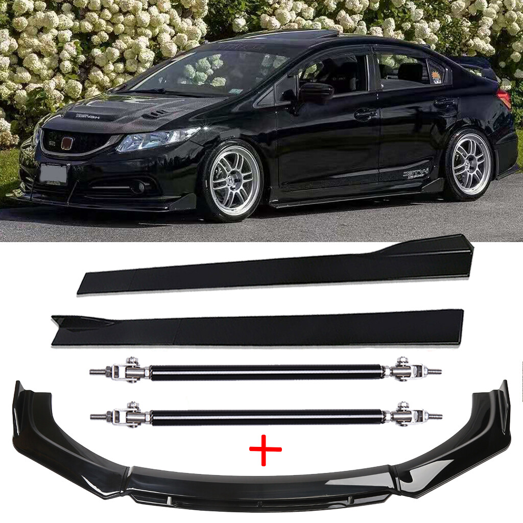 For Honda Civic Front Bumper Lip Splitter Spoiler + Side Skirts + Strut Rods Set