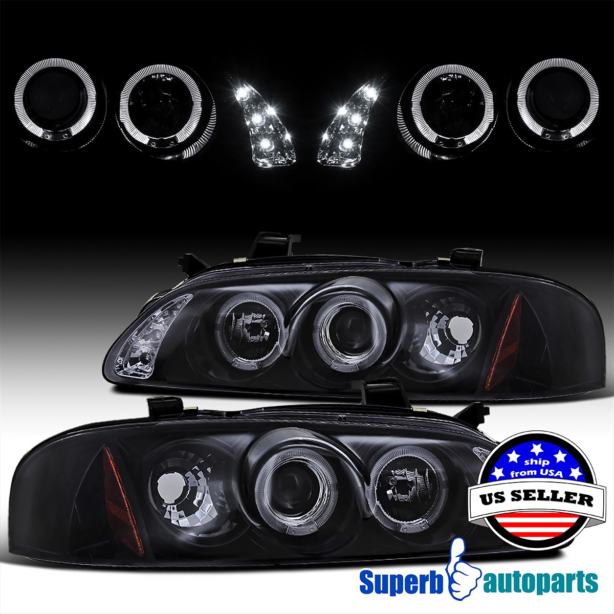 Fits 2000-2003 Sentra Glossy Black Smoke Halo Projector Headlights 00-03