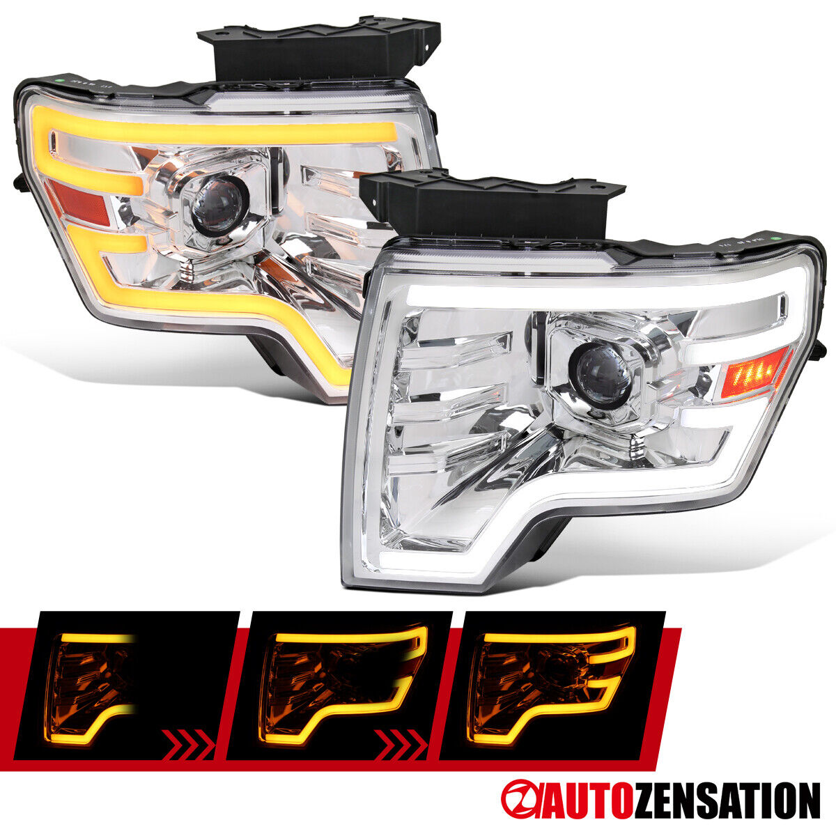 Dynamic LED Fit 2009-2014 Ford F150 F-150 Projector Headlights Sequential Signal