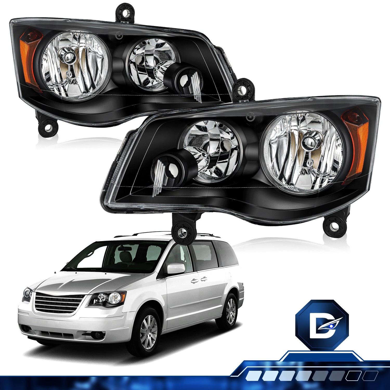 For 11-20 Dodge Grand Caravan 08-16 Chrysler Town&Country Black Headlights Pair For 11-20 Dodge Grand Caravan 08-16 Chrysler Town&Country Black Headlights Pair