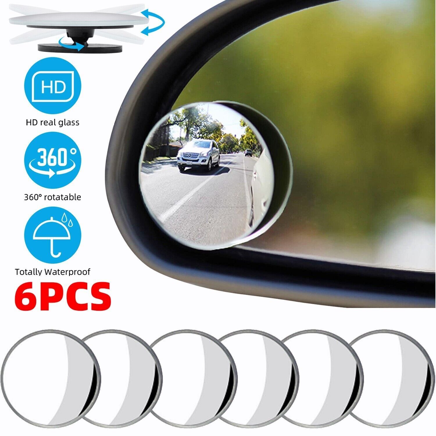 6PCS Blind Spot Mirrors Round HD Glass Convex 360° Side Rear View Mirror for Car
