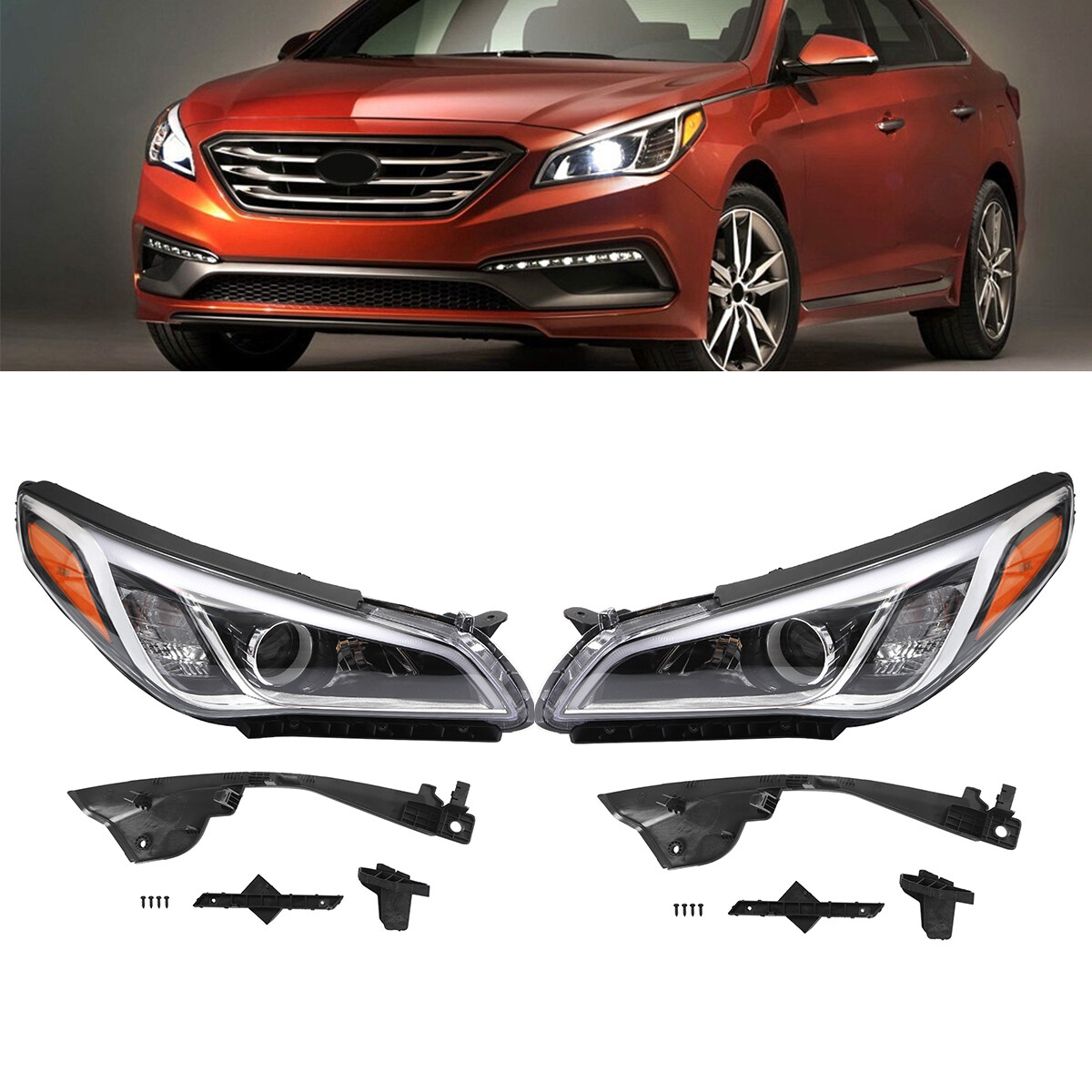 Pair Halogen Headlights Set for 2015 2016 2017 Hyundai Sonata Headlamp LH & RH