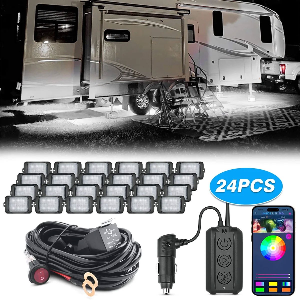 MICTUNING C3 24 Pods RGBW LED Rock Lights,Wireless APP 120W Underglow Neon Light MICTUNING C3 24 Pods RGBW LED Rock Lights,Wireless APP 120W Underglow Neon Light