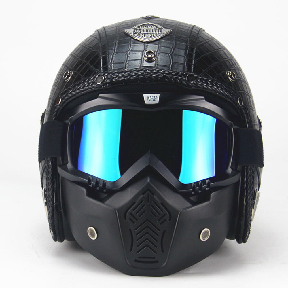 DOT Motorcycle Helmet Open Face w/Face Mask Leather Scooter Helmet Moto Casco
