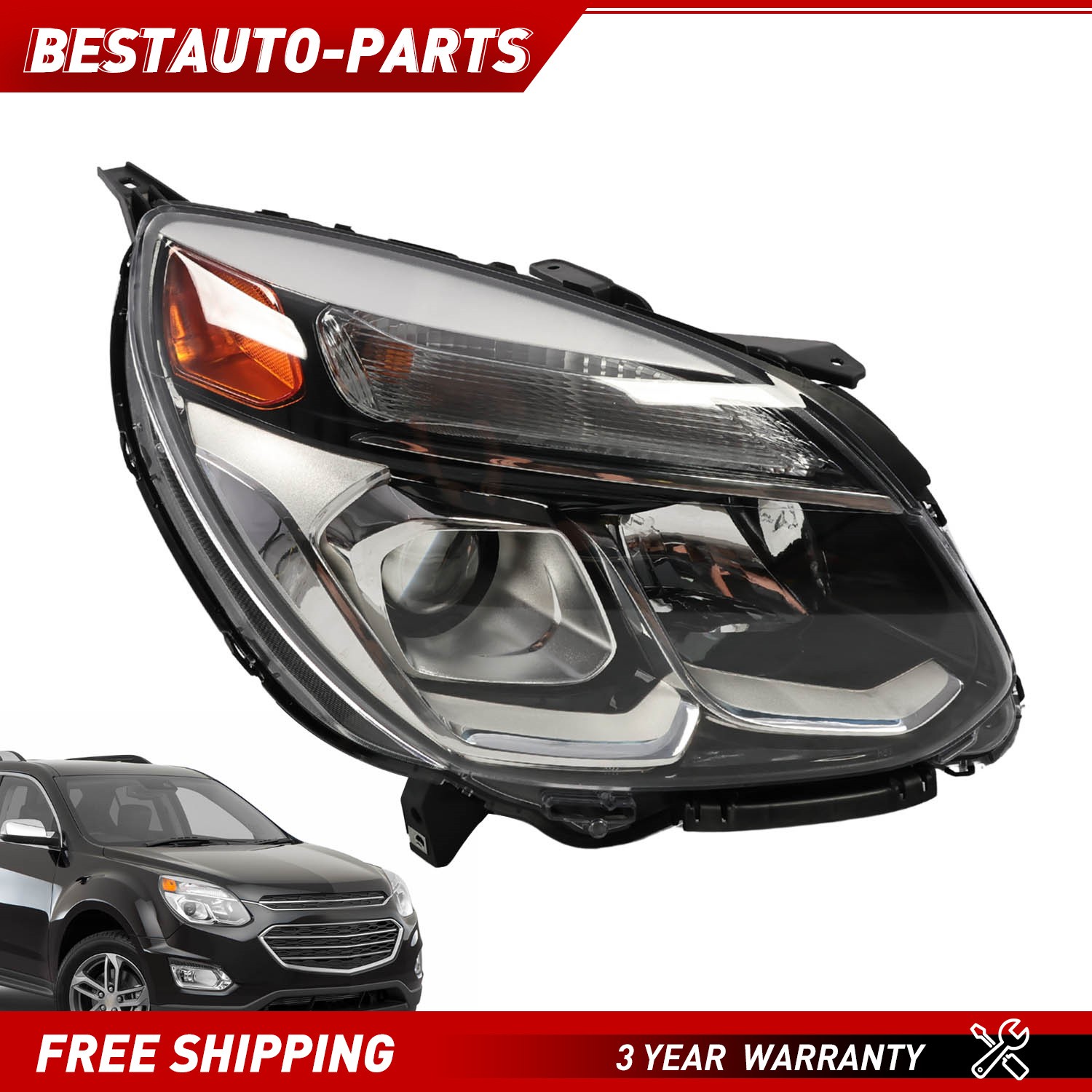 Headlight Right Side For 2016-17 Chevy Equinox Halogen Chrome Headlamp Assembly