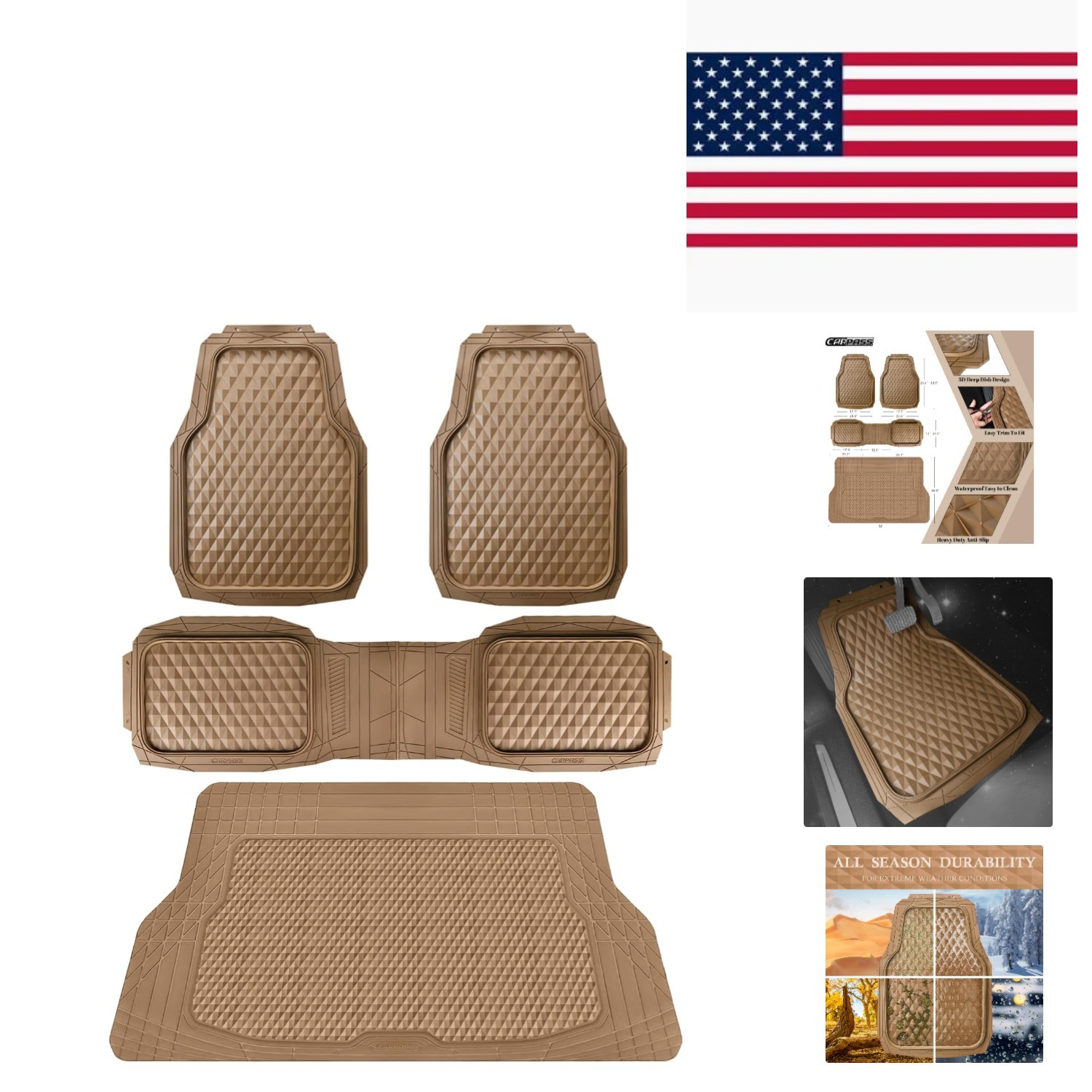 Heavy-Duty 3D Rhombus Rubber Car Mats - All-Weather Protection in Beige