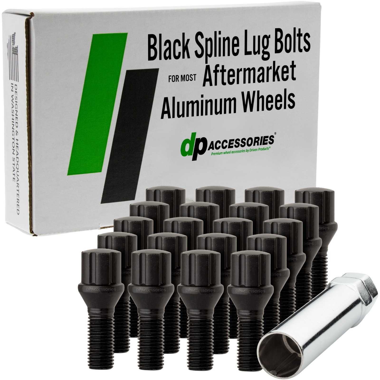 Black M12x1.50 Lug Bolts | Aftermarket Wheels | Spline | 27mm | Set of 20