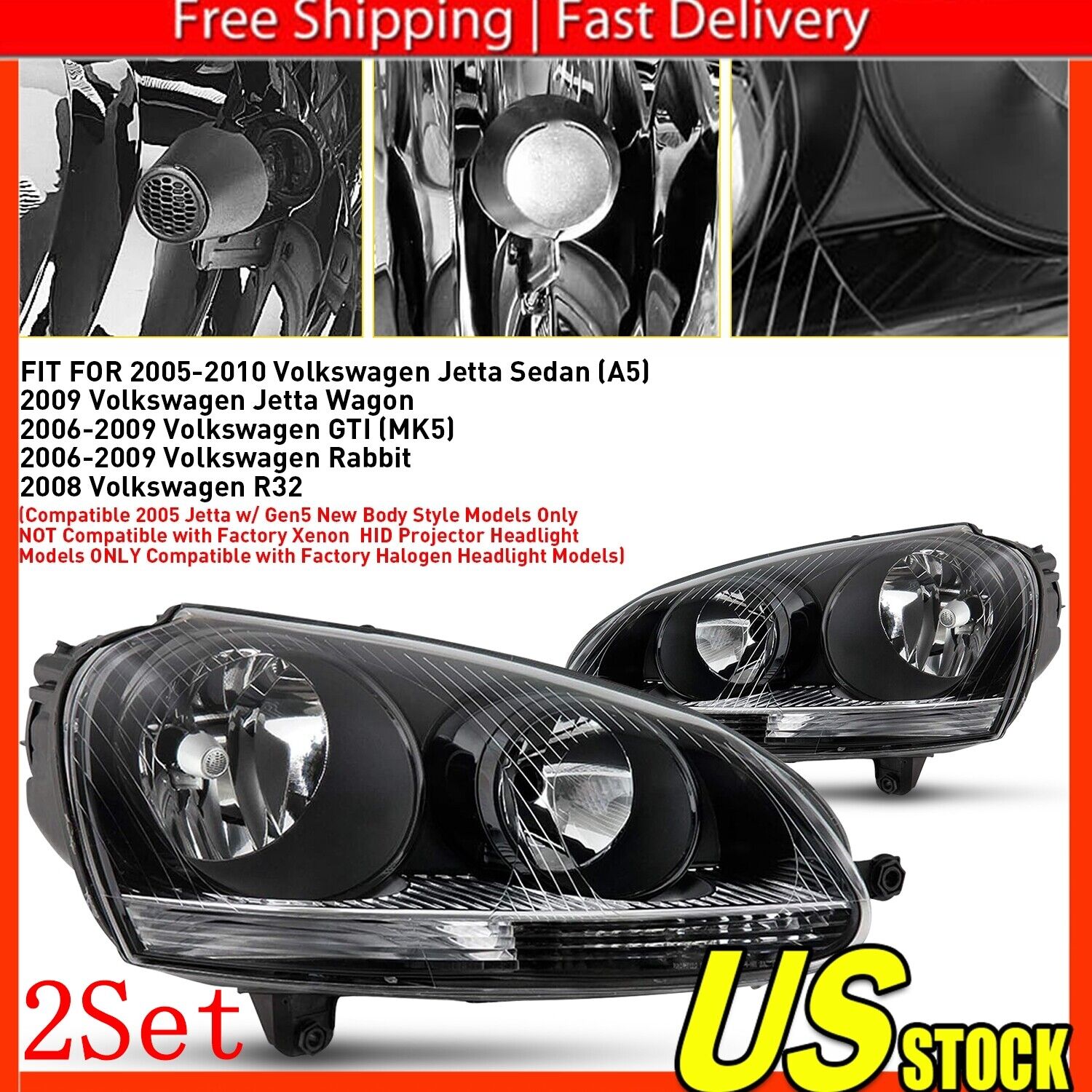 Headlight 2005-2010 For Volkswagen Jetta Sedan Wagon Left Right Black Clear 2Set
