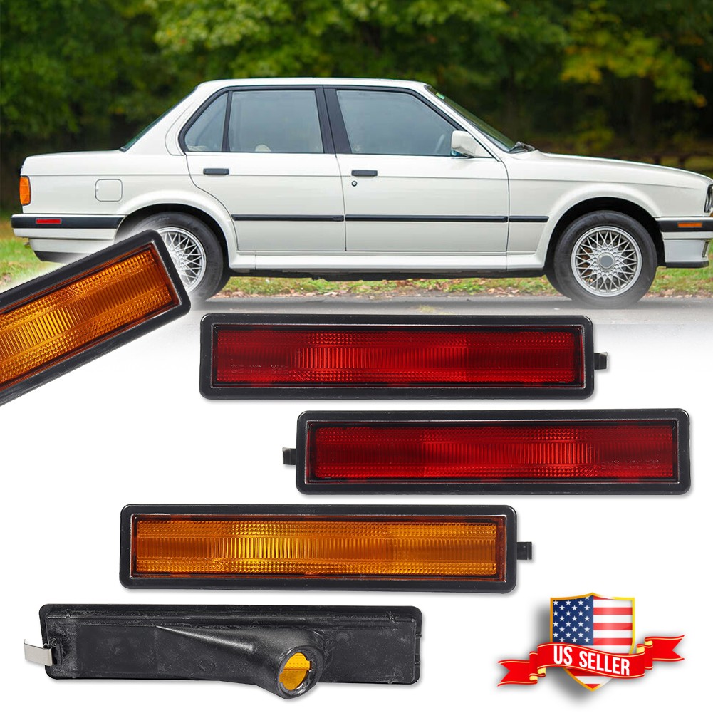4X Amber Front+Red Rear Bumper Side Marker Lights For BMW E30 E32 E34 3 5 series