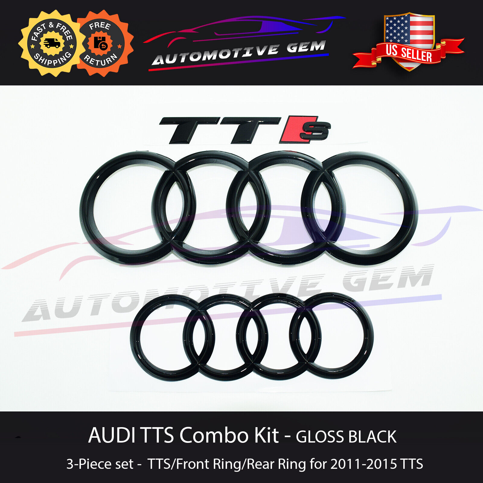AUDI TTS Emblem GLOSS BLACK Grill Trunk Ring S Line quattro Badge Kit 2011-2015