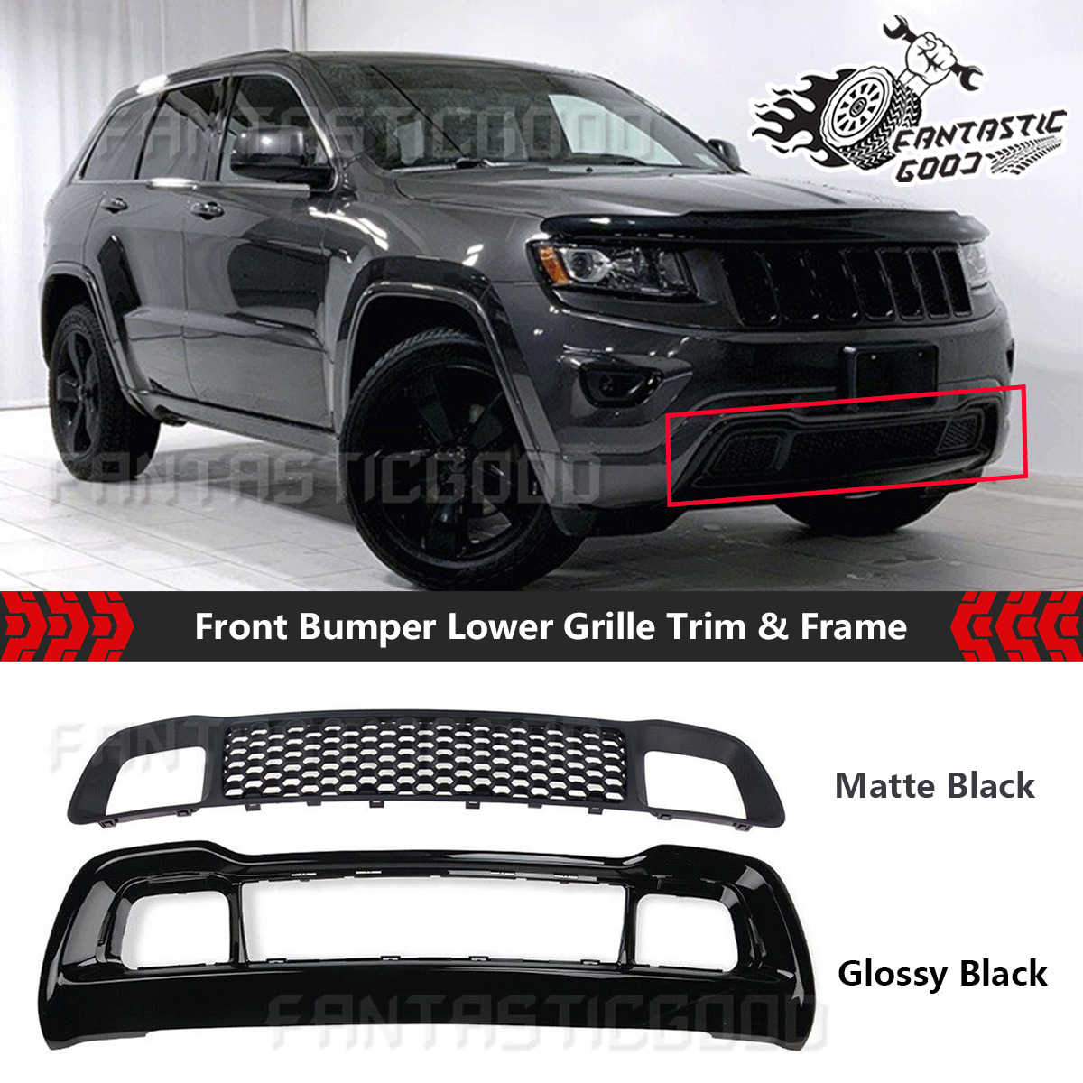 For Jeep Grand Cherokee 14-16 Glossy Black Front Lower Grille Bumper+Grill Bezel