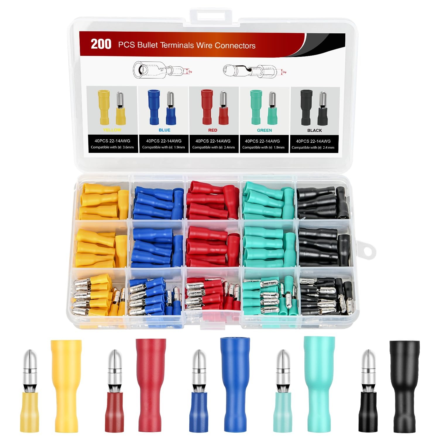 Nilight 200PCS Bullet Terminals Wire Connectors AWG 22-14 Female & Male Butt