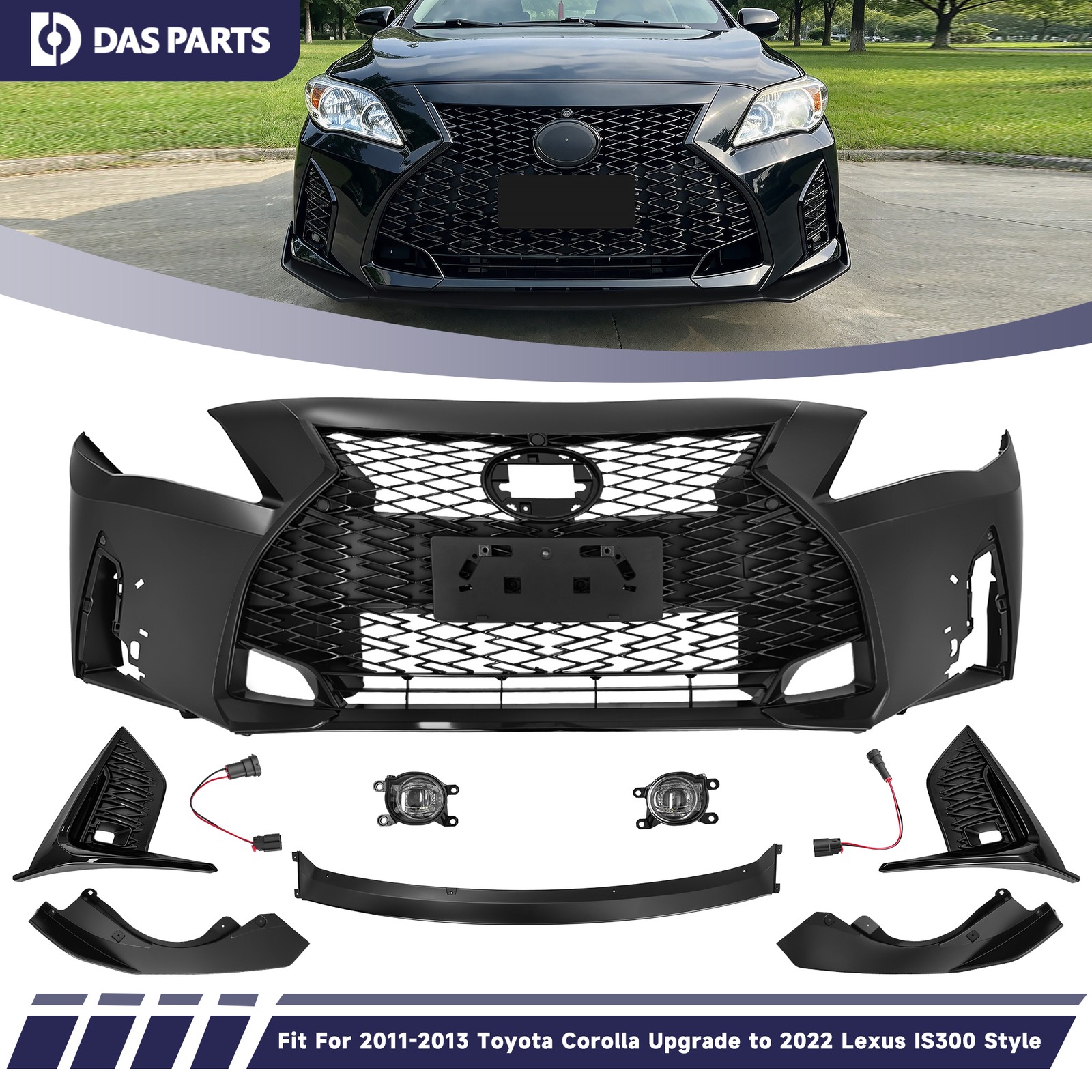 For 11-13 Toyota Corolla Front Bumper Grill Kit Facelift to 22 Lexus IS300 Style