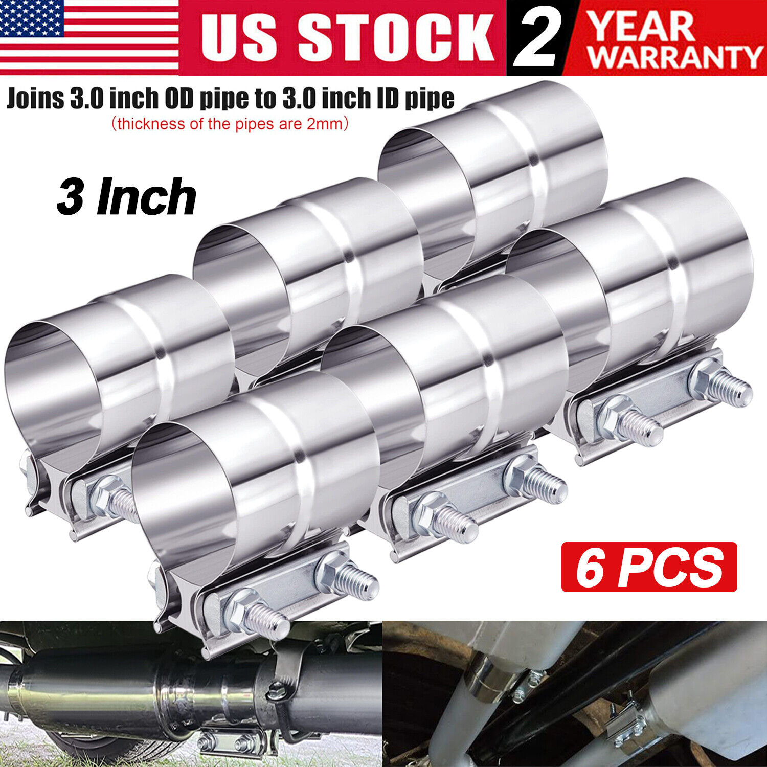 6 x 3inch T-304 Stainless Steel Joint Band Exhaust Clamp for Butt Sleeve Coupler
