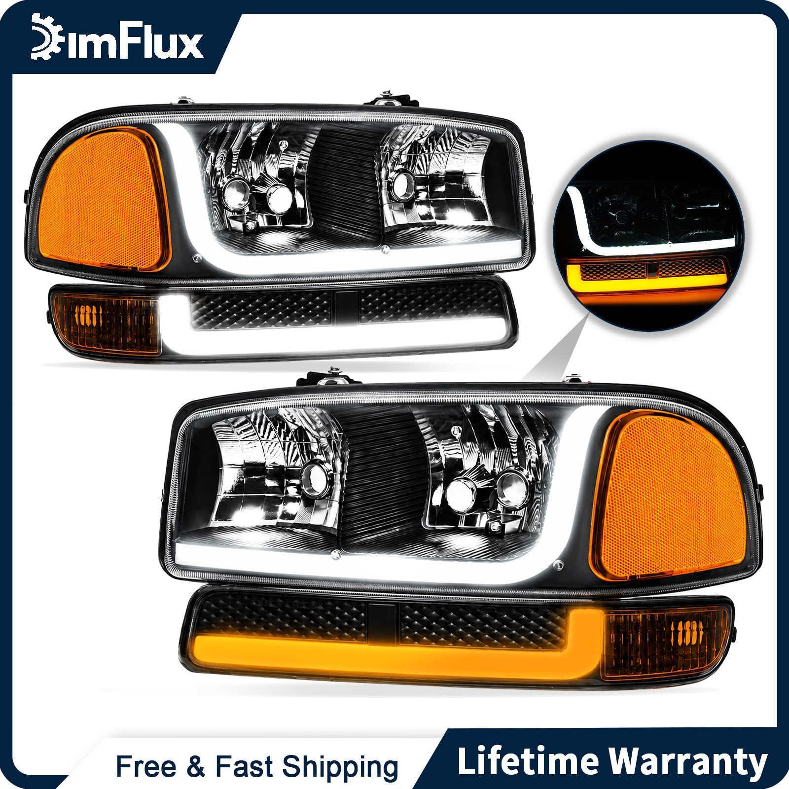 DimFlux LED DRL Headlights for 99-07 GMC Sierra 1500 99-06 Yukon Black Housing