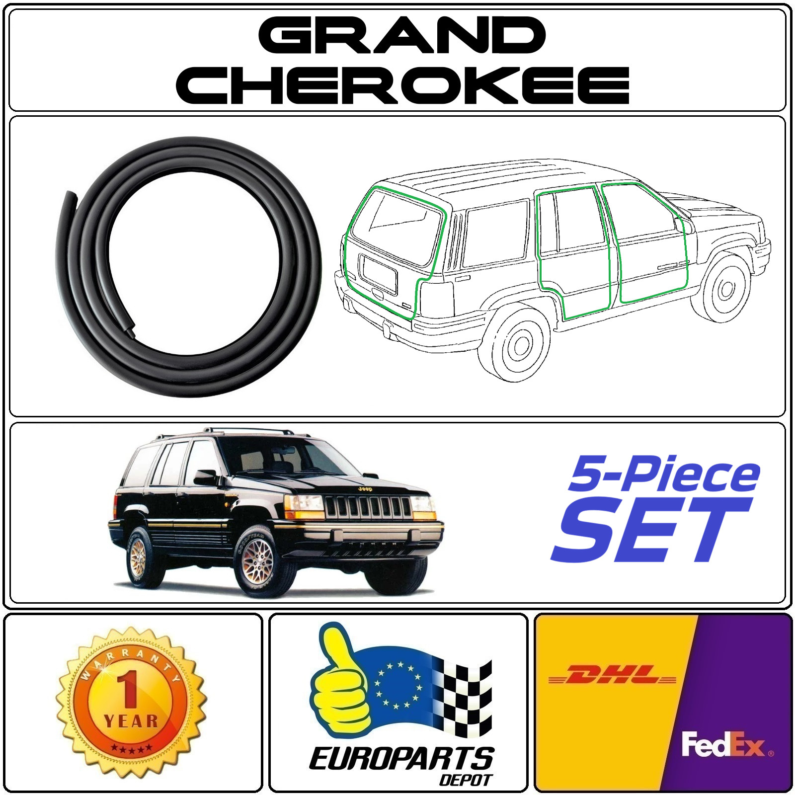 1993-1998 Jeep Grand Cherokee ZJ Door Seal 5-Pc Weatherstrip Set Doors, Liftgate