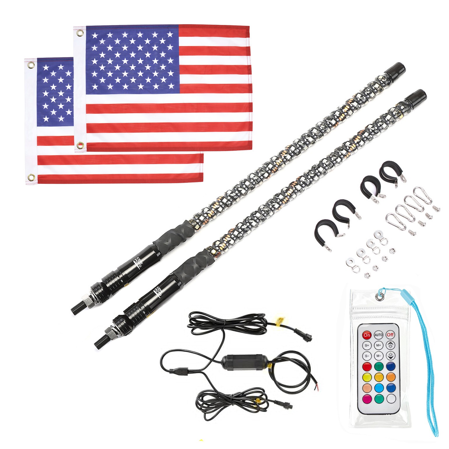 KEMIMOTO 2PCS 2FT Spiral Whip Lights LED RGB Antenna W/ Flag Remote for RZR X3