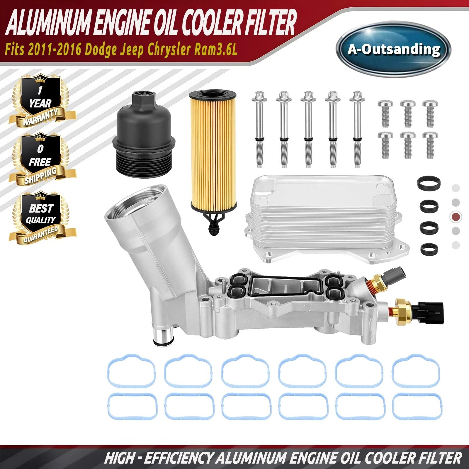 Aluminum Engine Oil Cooler Filter Housing For 11-16 Dodge Jeep Chrysler Ram 3.6L