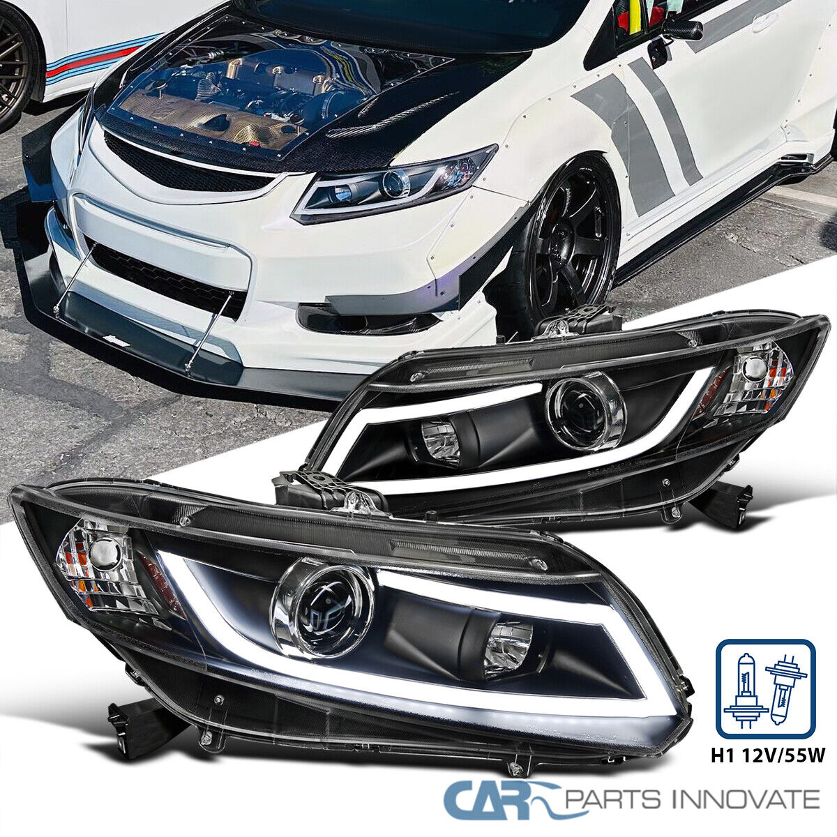 Black Fits 2012-2015 Honda Civic 2/4Dr Projector Headlights LED Strip Headlamps