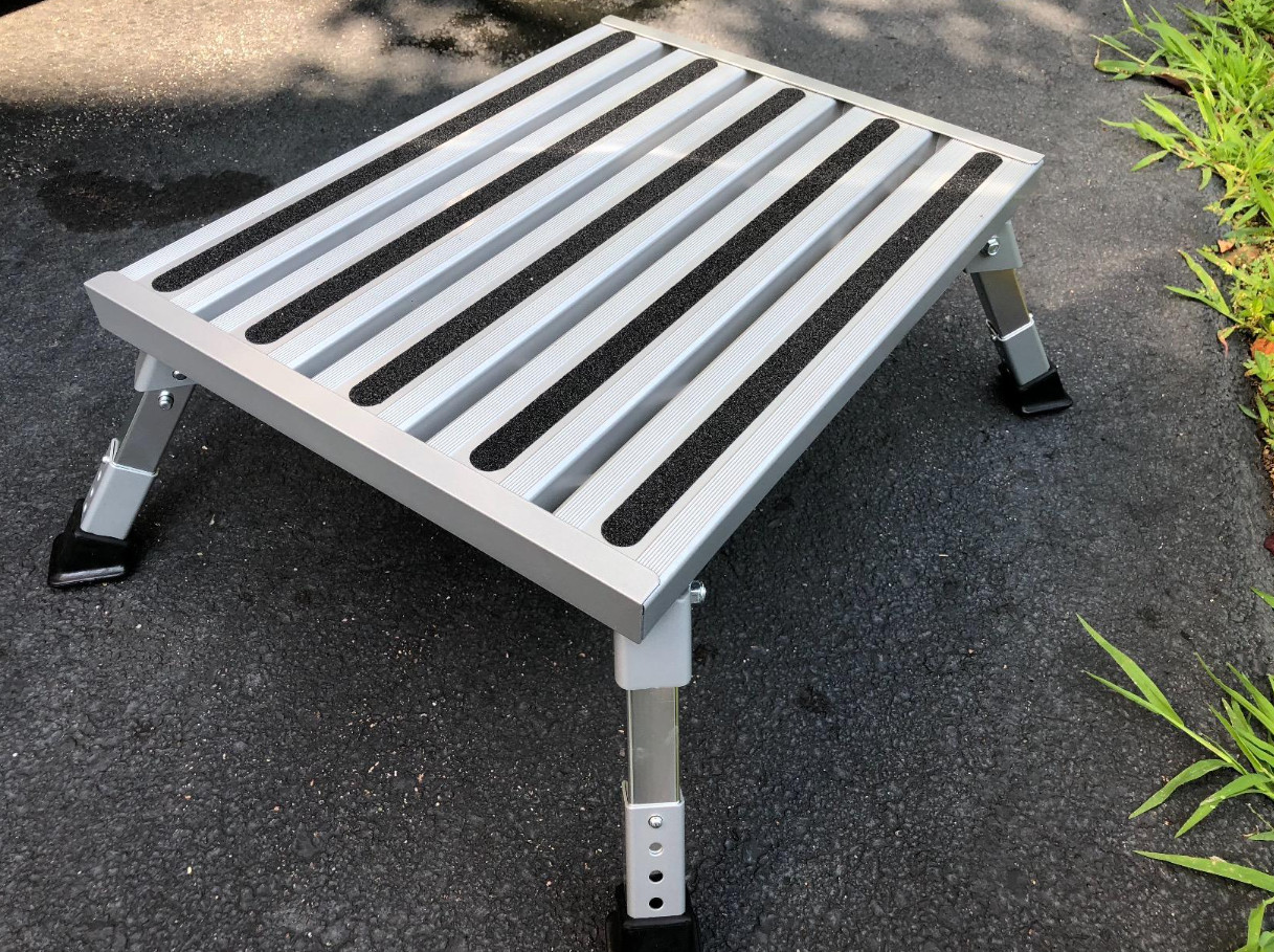Camco Folding Aluminum Step Stool, Adjustable Height for RV and Trailers, Silver